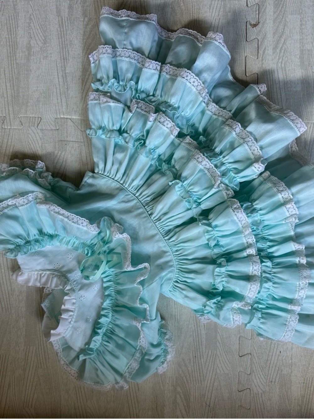 Vintage Small world Mint Green Ruffle Dress with White Lace Trim
